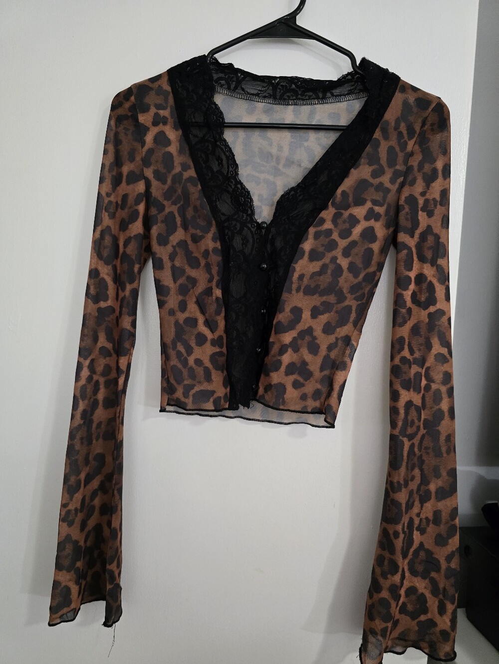 Leopard Print Sheer Lace-Trim Long Sleeve Crop Top - Brown/Black